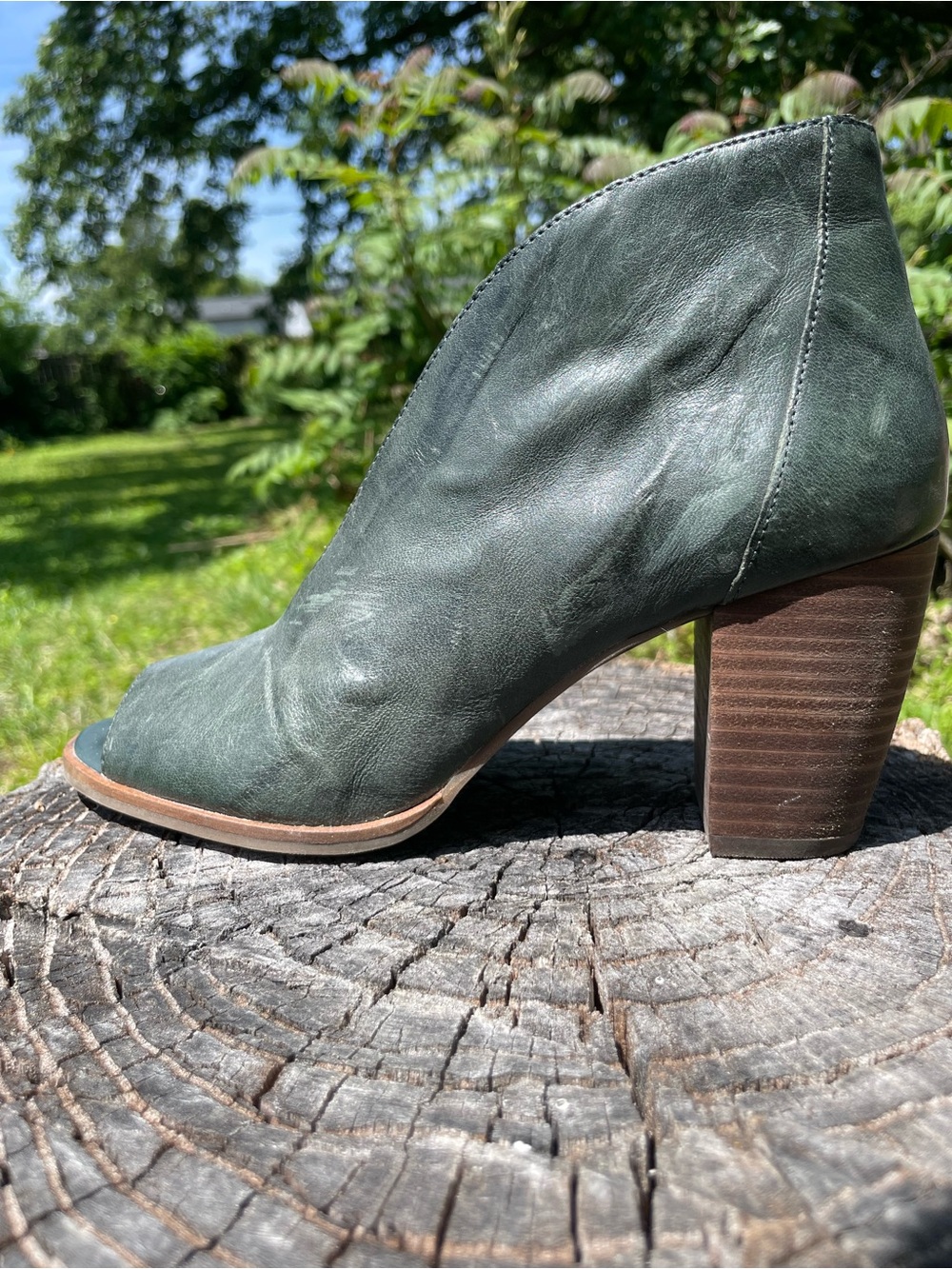 Lucky Brand Dark Green Peep-Toe Leather Ankle Bootie